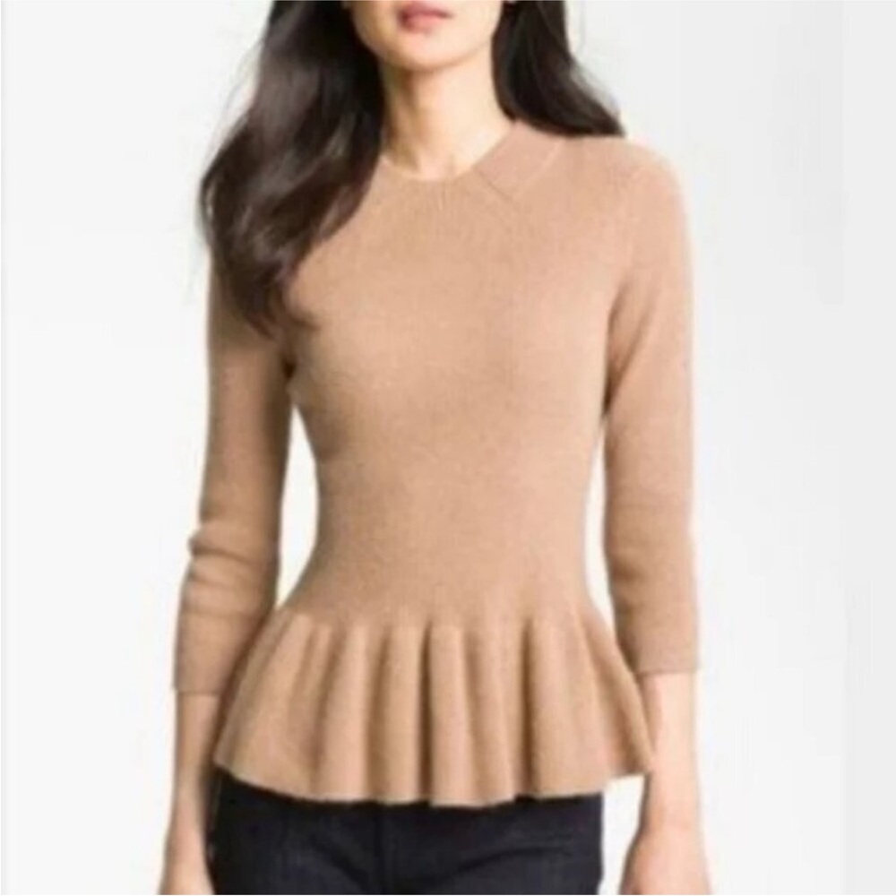Tory Burch Madeline Camel Ribbed Wool Peplum Sweater XL